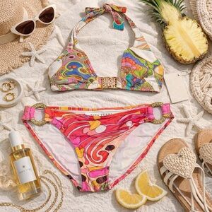 Trina Turk Psychedelic Print Bikini Set Gold Hardware Resortcore Retro 70s Mod